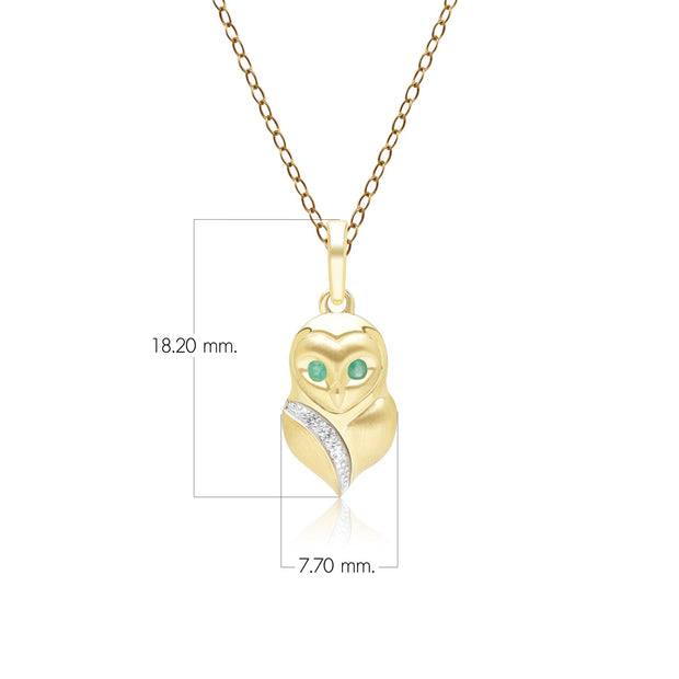Gardenia Emerald and White Sapphire Owl Pendant Necklace in 9ct Yellow Gold