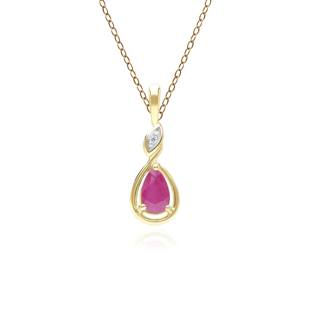 Classic Pear Ruby & Diamond Pendant Necklace In 9ct Yellow Gold