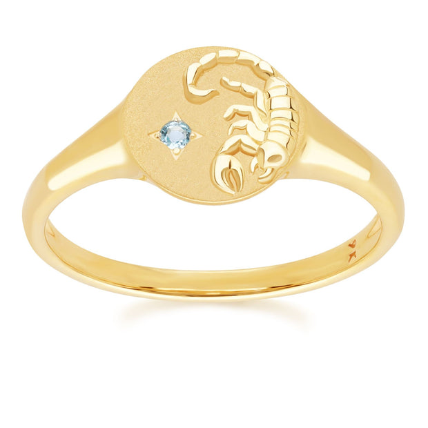 Zodiac Swiss Blue Topaz Scorpio Signet Ring In 9ct Yellow Gold