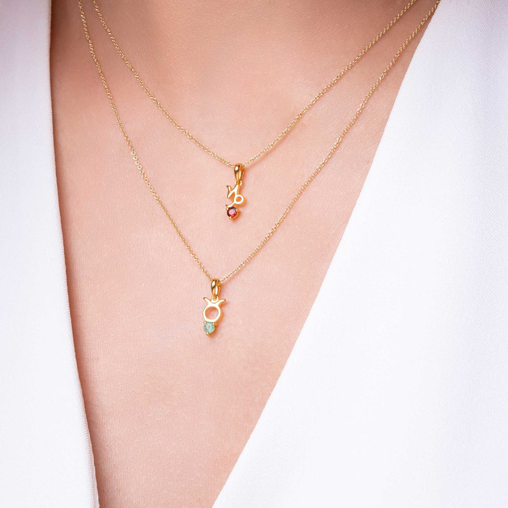 Garnet Capricorn Zodiac Charm Necklace in 9ct Yellow Gold on Model