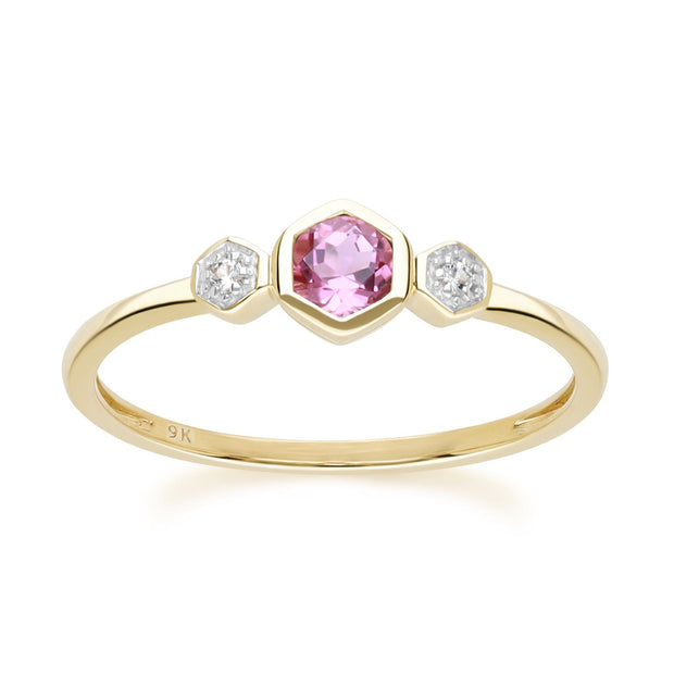 Geometric Round Pink Tourmaline and Sapphire Ring in 9ct Yellow Gold