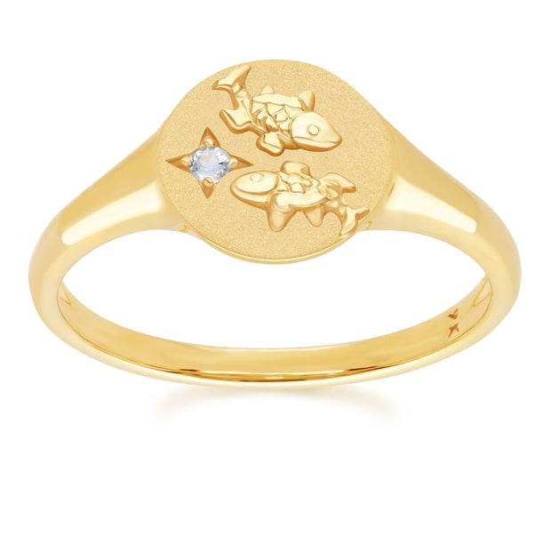 Zodiac Aquamarine Pisces Signet Ring In 9ct Yellow Gold