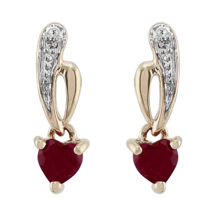 Art Nouveau Style Heart Ruby & Diamond Drop Earrings in 9ct Yellow Gold - Gemondo