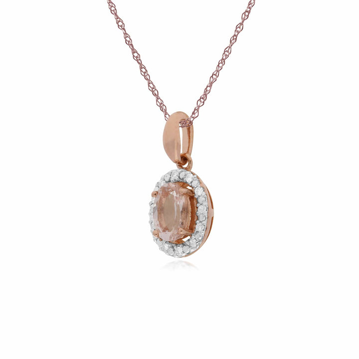 135P1745019 Classic Oval Morganite & Diamond Halo Pendant in 9ct Rose Gold 4