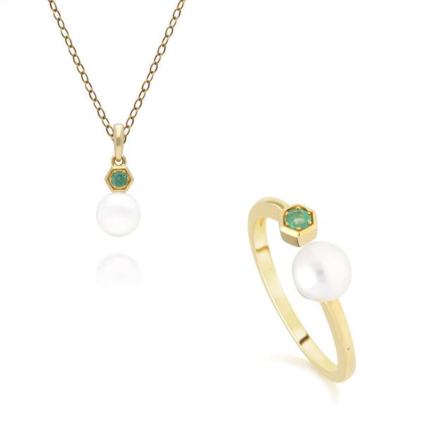Modern Pearl & Emerald Pendant & Ring Set in 9ct Yellow Gold