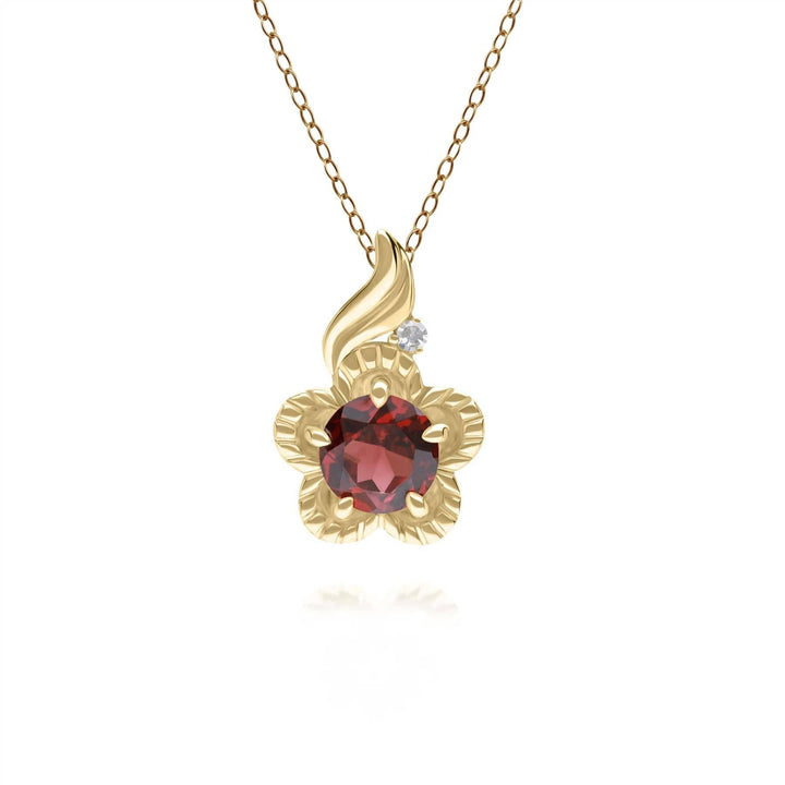 135P2097039 Floral Round Garnet & Diamond Pendant in 9ct Yellow Gold 1