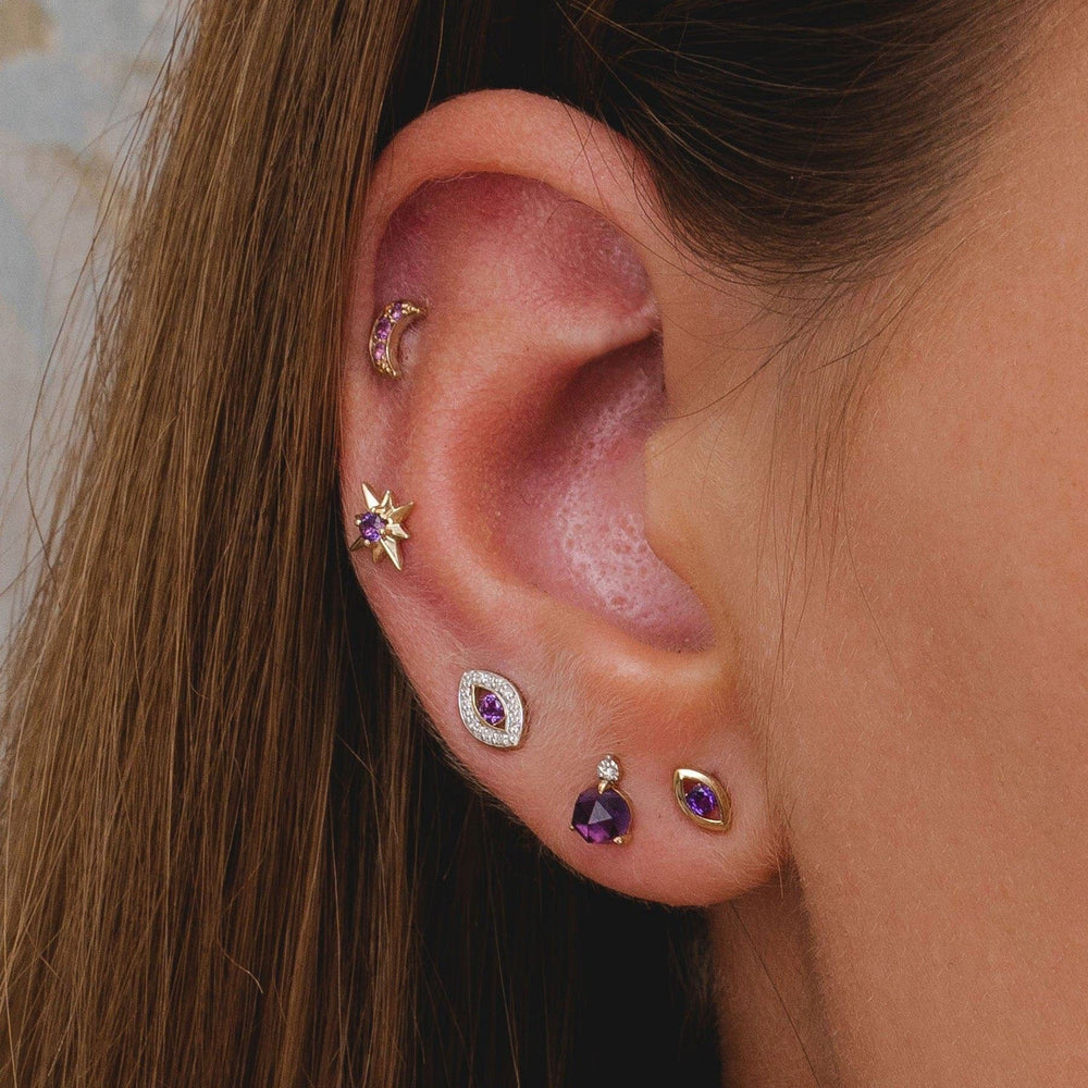 135E1827019 Classic Amethyst & Diamond Stud Earrings in 9ct Yellow Gold On Model