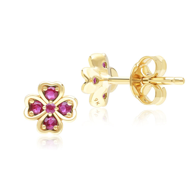 Gardenia Round Ruby Clover Stud Earrings in 9ct Yellow Gold