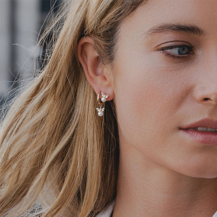 Honeycomb Inspired Pearl and Diamond Bee Hoop Earrings in 9ct Yellow Gold