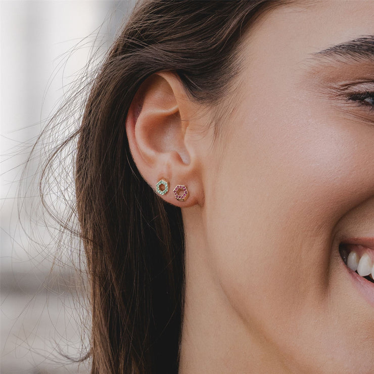 Geometric Hex Ruby Stud Earrings in 9ct Yellow Gold