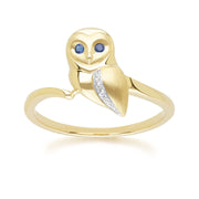 Gardenia Ruby and White Sapphire Owl Ring in 9ct Yellow Gold