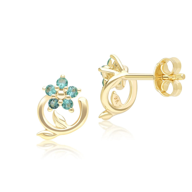 Floral Vine Emerald Stud Earrings in 9ct Yellow Gold