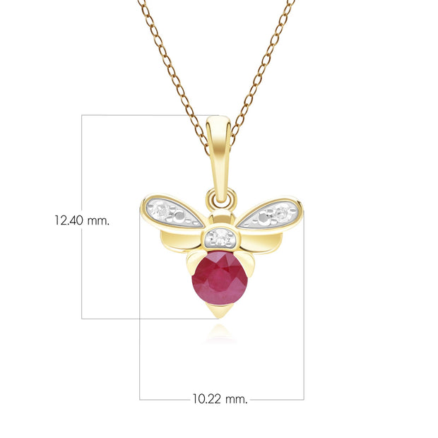 Honeycomb Inspired Ruby and Diamond Bee Pendant Necklace in 9ct Yellow Gold