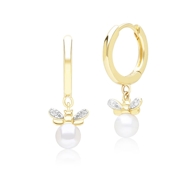 Honeycomb Inspired Pearl and Diamond Bee Hoop Earrings in 9ct Yellow Gold