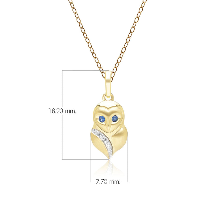 Gardenia Sapphire and White Sapphire Owl Pendant Necklace in 9ct Yellow Gold