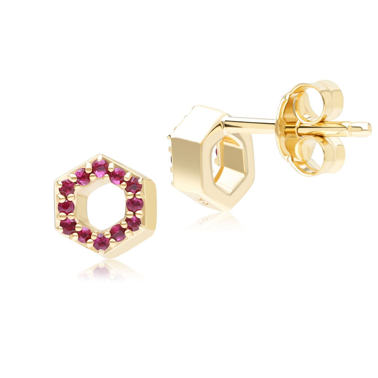 Geometric Hex Ruby Stud Earrings in 9ct Yellow Gold