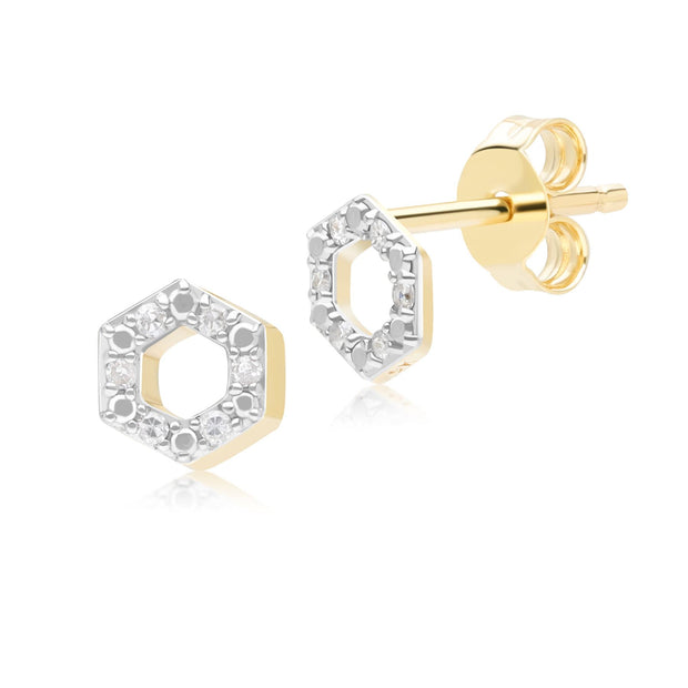 Geometric Hex Diamond Stud Earrings in 9ct Yellow Gold