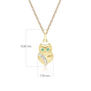 Gardenia Emerald and White Sapphire Owl Pendant Necklace in 9ct Yellow Gold