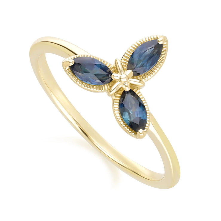 Floral Marquise Sapphire Ring in 9ct Yellow Gold