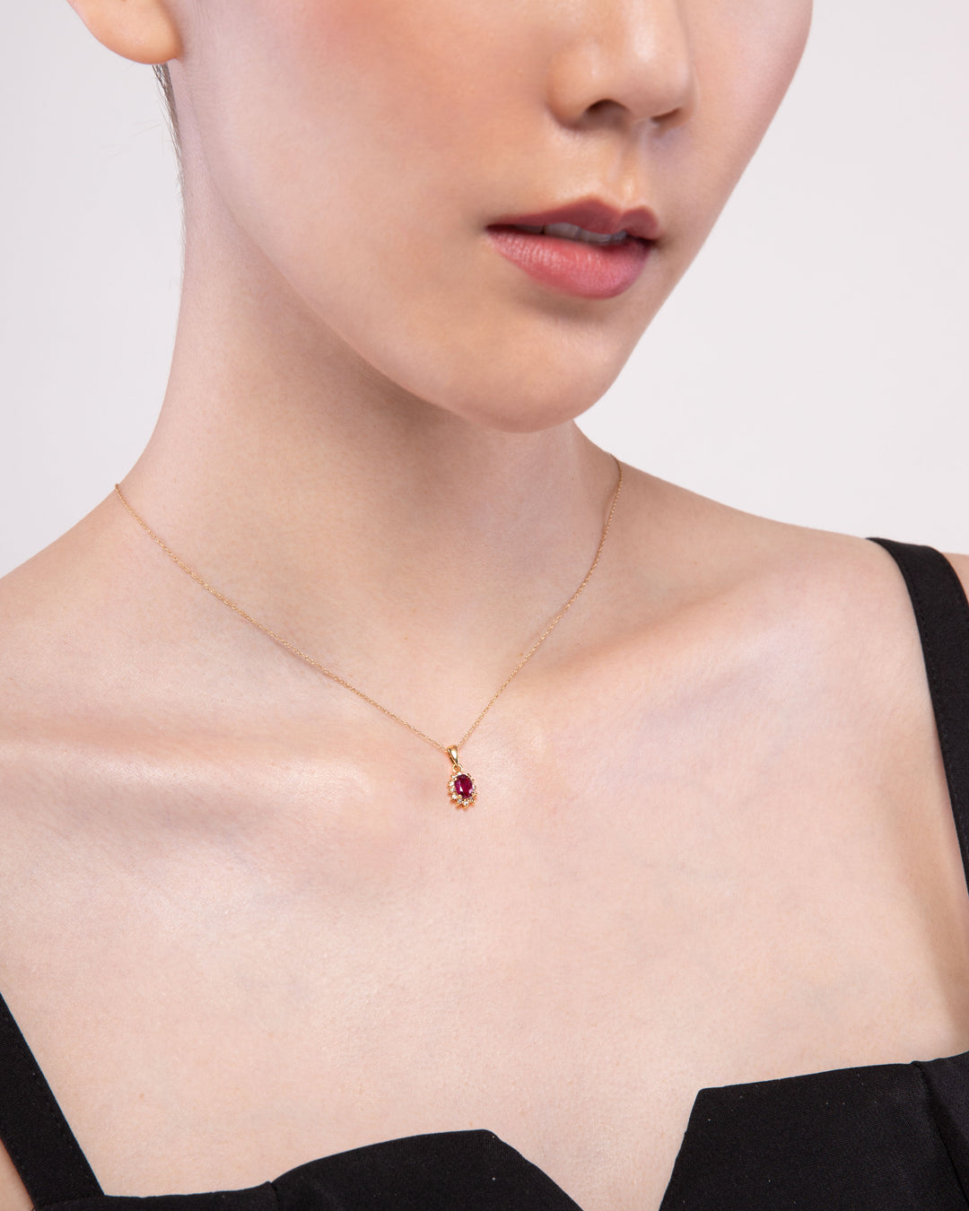 Classic Oval Ruby & Diamond Cluster Pendant in 9ct Yellow Gold
