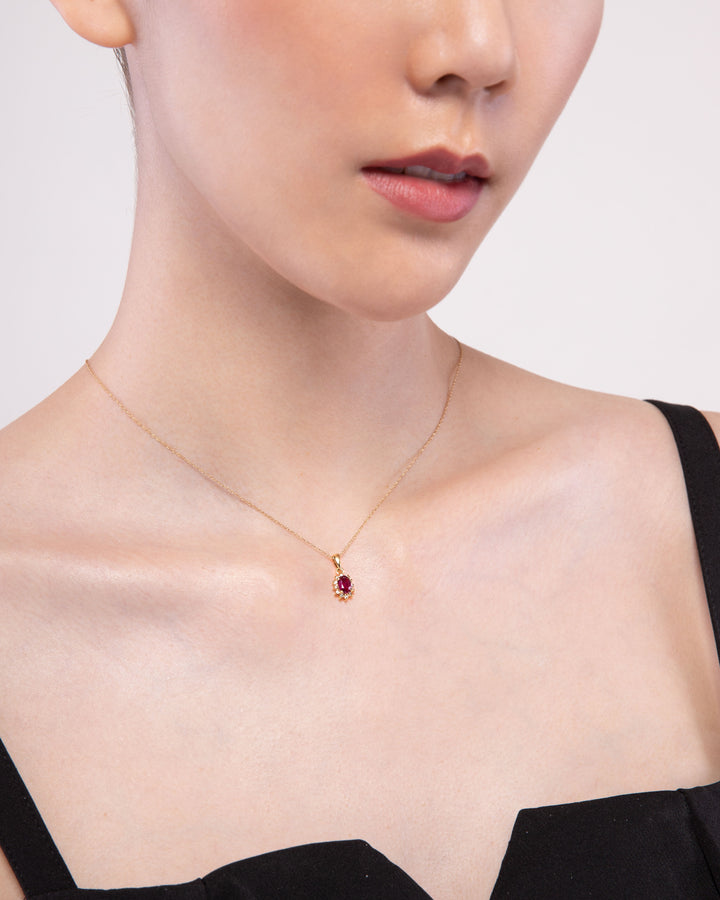 Classic Oval Ruby & Diamond Cluster Pendant in 9ct Yellow Gold