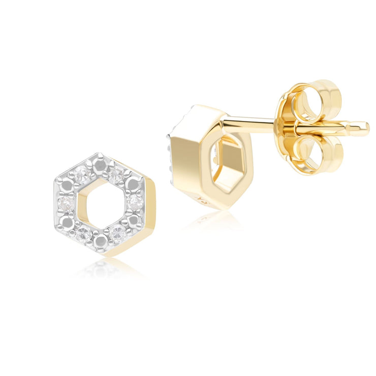 Geometric Hex Diamond Stud Earrings in 9ct Yellow Gold