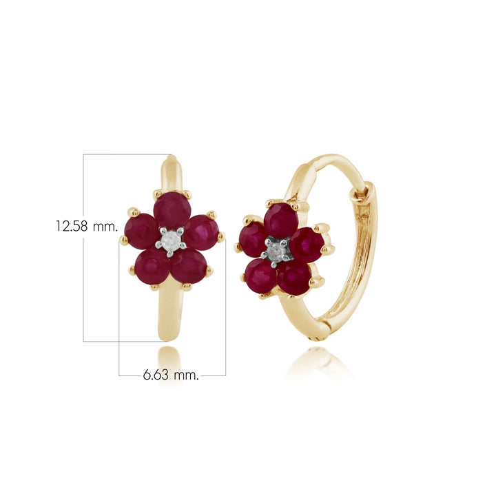 Floral Round Ruby & Diamond Hoop Earrings in 9ct Yellow Gold