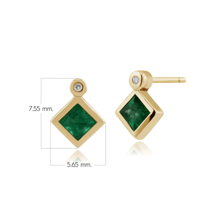 Classic Square Emerald & Diamond Bezel Set Stud Earrings in 9ct Yellow Gold