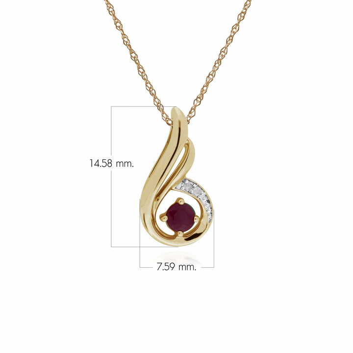 Classic Round Ruby & Diamond Spiral Drop Pendant in 9ct Yellow Gold