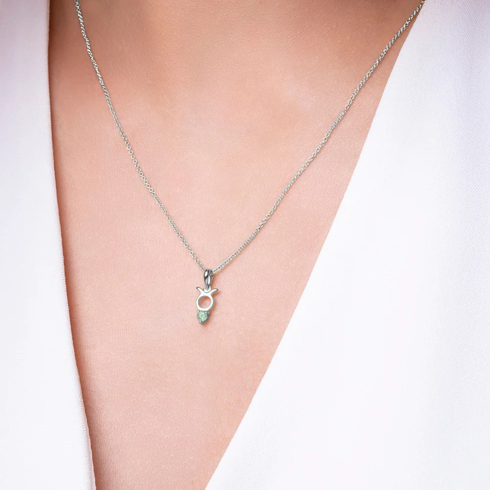 Emerald Taurus Zodiac Charm Necklace in 9ct White Gold