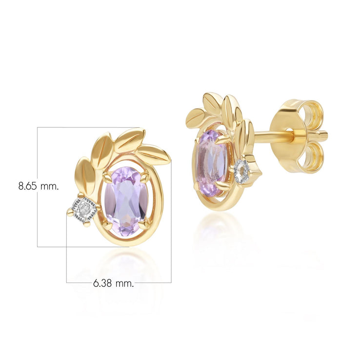 O leaf Pink Amethyst & Diamond Stud Earrings In 9ct Yellow Gold