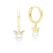 Honeycomb Inspired Pearl and Diamond Bee Hoop Earrings in 9ct Yellow Gold