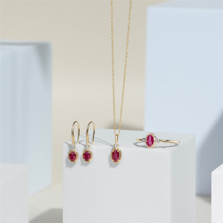 Classic Oval Ruby & Round Diamond Pendant Necklace In 9ct Yellow Gold