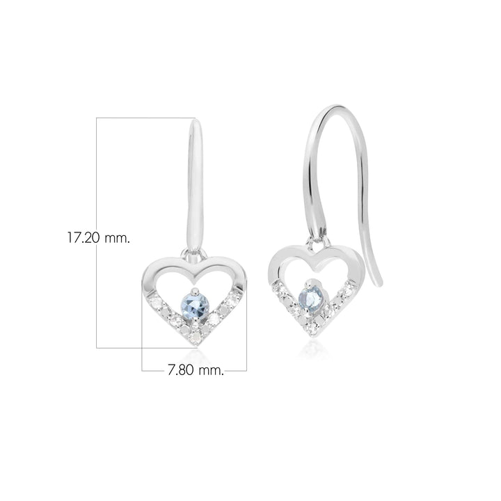 Classic Round Aquamarine & Diamond Love Heart Shaped Drop Earrings in 9ct White Gold