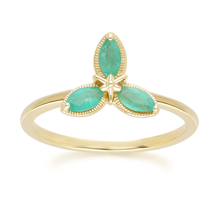 Floral Marquise Emerald Ring in 9ct Yellow Gold