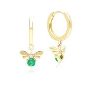 Honeycomb Inspired Emerald and Diamond Bee Hoop Earrings in 9ct Yellow Gold