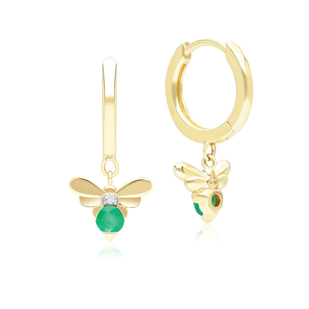 Honeycomb Inspired Emerald and Diamond Bee Hoop Earrings in 9ct Yellow Gold