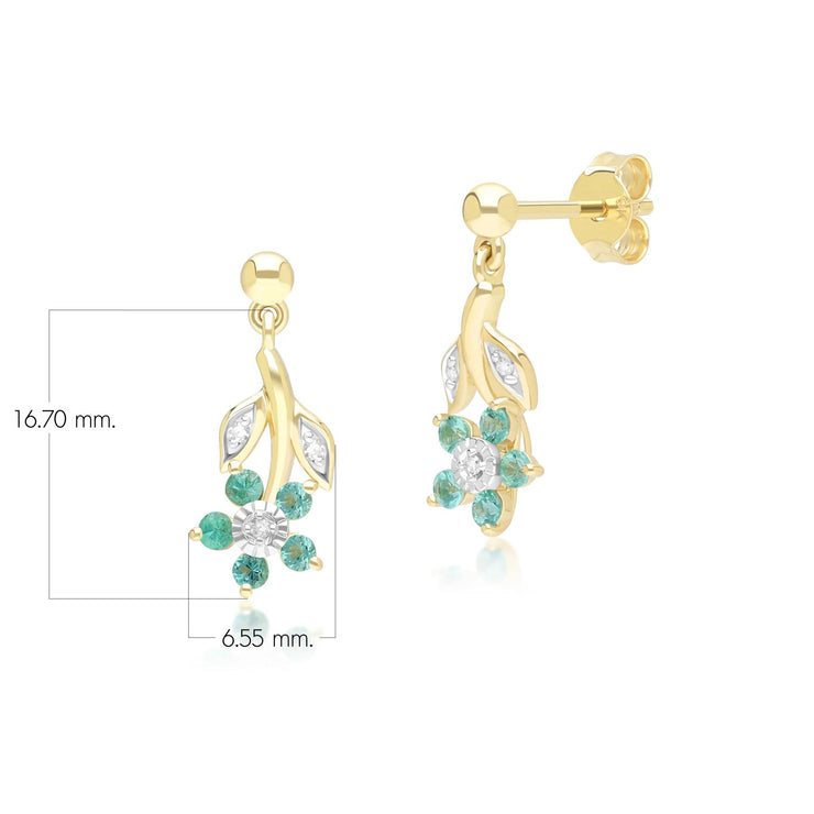 Floral Emerald & Diamond Drop Earrings in 9ct Yellow Gold