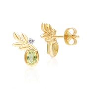 O Leaf Peridot & Diamond Stud Earrings In 9ct Yellow Gold