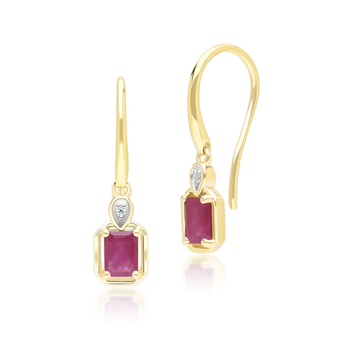 Classic Ruby Baguette & Diamond Drop Earrings In 9ct Yellow Gold