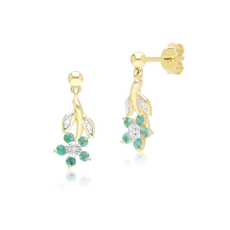 Floral Emerald & Diamond Drop Earrings in 9ct Yellow Gold