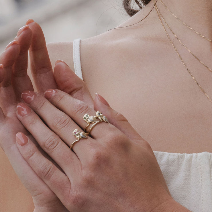 Gardenia Emerald and White Sapphire Owl Ring in 9ct Yellow Gold