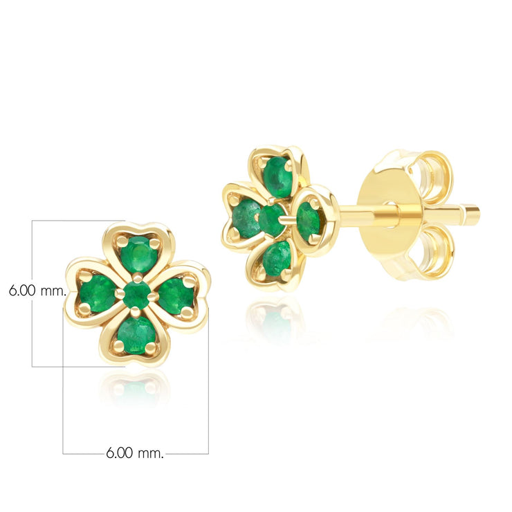 Gardenia Round Emerald Clover Stud Earrings in 9ct Yellow Gold