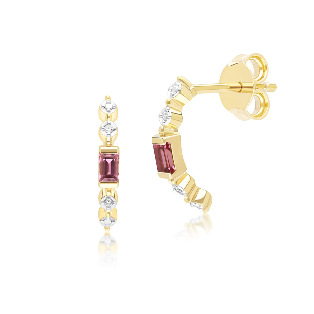 Classic Pink Tourmaline & Diamond Half Eternity Hoop Earrings in 9ct Yellow Gold