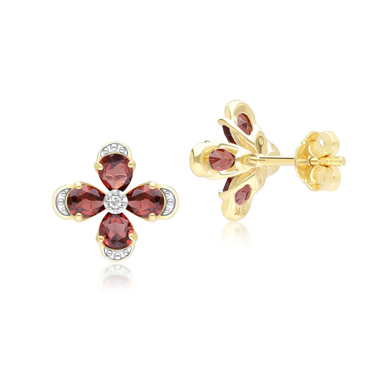Floral Garnet & Diamond Stud Earrings in 9ct Yellow Gold