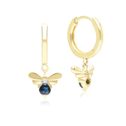 Honeycomb Inspired Blue Sapphire and Diamond Bee Hoop Earrings in 9ct Yellow Gold