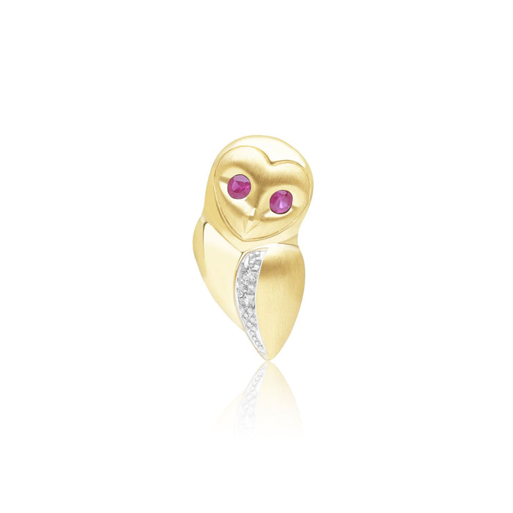 Gardenia Ruby and White Sapphire Owl Pin in 9ct Yellow Gold