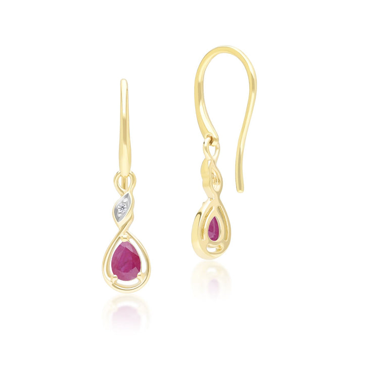 Classic Pear Ruby & Diamond Drop Earrings In 9ct Yellow Gold
