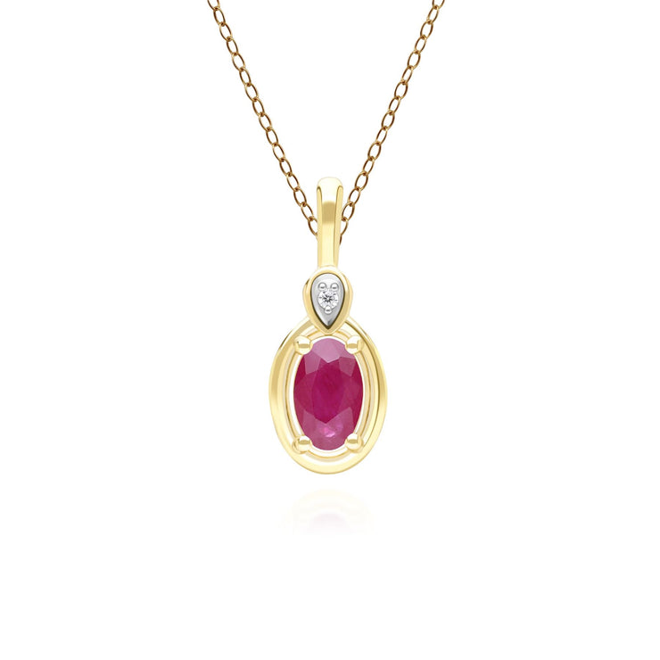 Classic Oval Ruby & Round Diamond Pendant Necklace In 9ct Yellow Gold