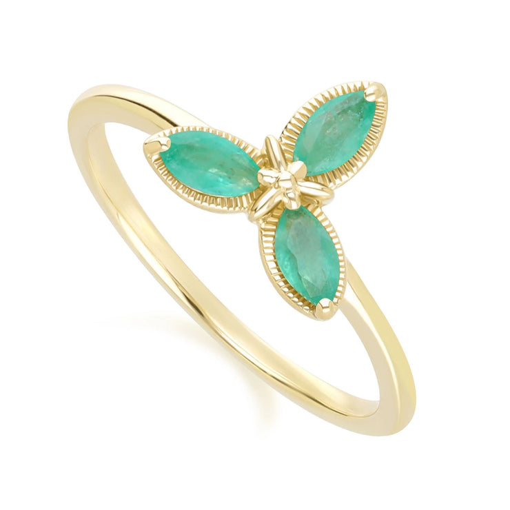 Floral Marquise Emerald Ring in 9ct Yellow Gold